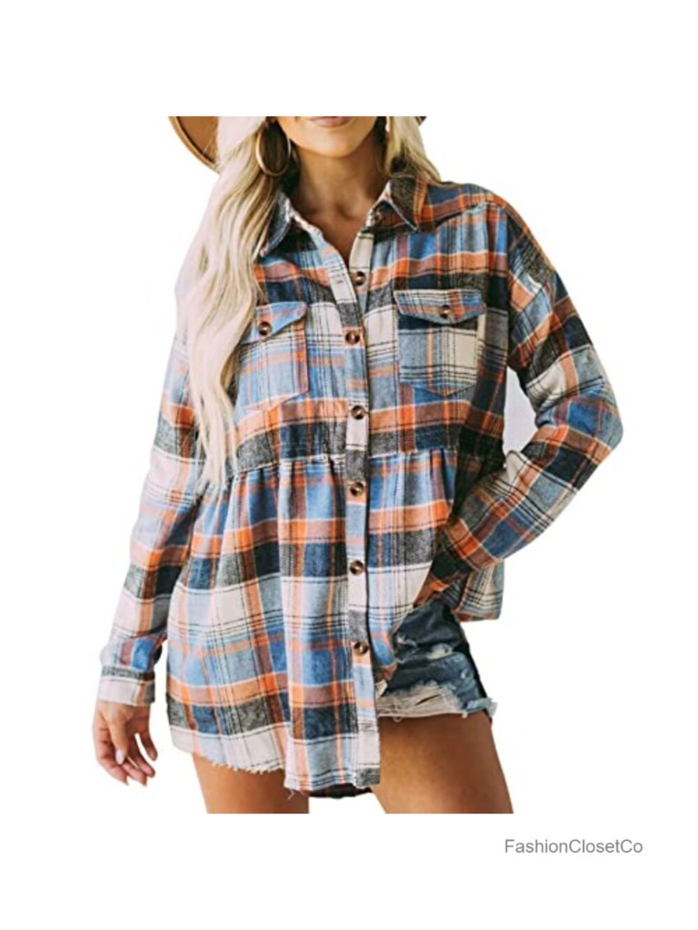 Women's Plaid Flannel Shacket Long Sleeve Button Down Babydoll Peplum Top